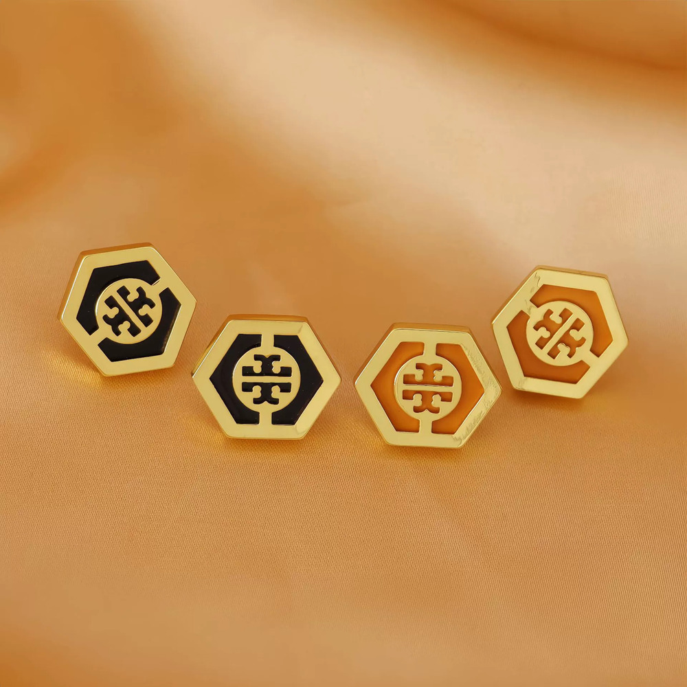 Tory Burch Classic Gold Plated Enamel Stud Earrings Diamond Hexagon